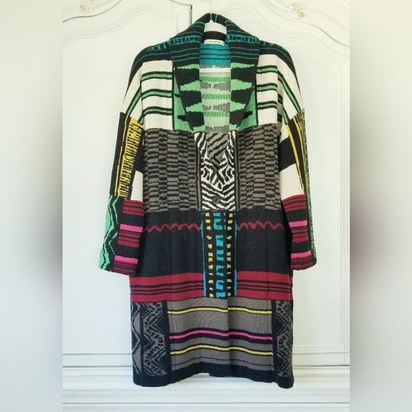 Anthro Aldomartins Wool Alpaca Mixed Design Long Cardigan Sweater Coat US 4 - Picture 3 of 8